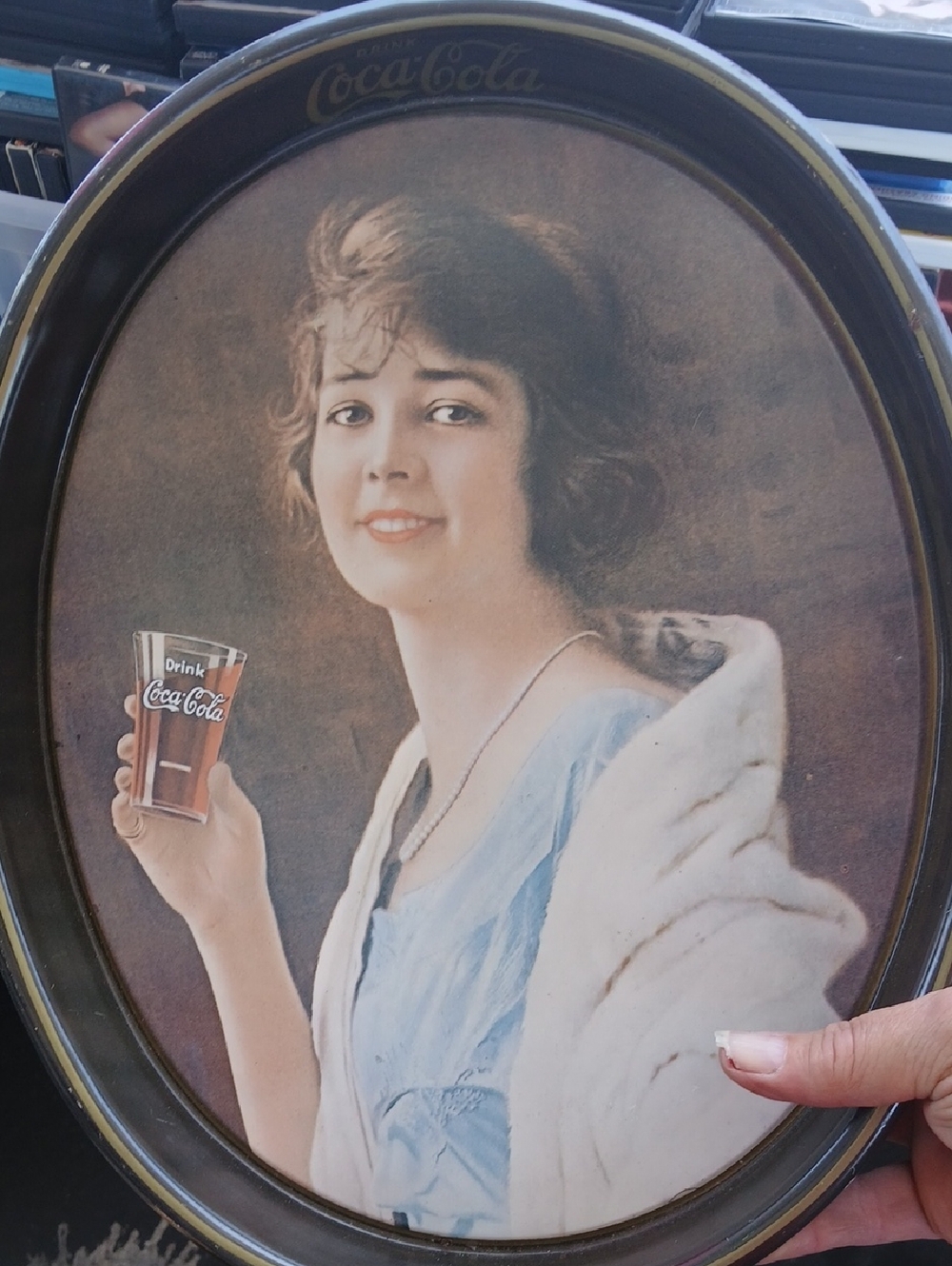 Coca-Cola Oval Tin Tray Woman Holding Tin Tray